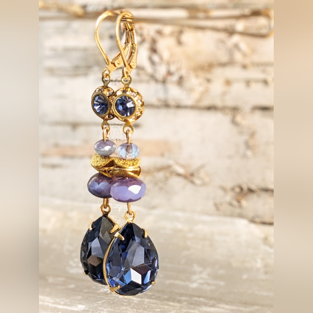 Swarovski Elements Tanzanite Crystal & Flower In Beaded Drop Down Earrings